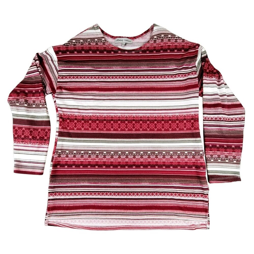 Womans Red Striped Blouse Absolutely Famous Cranberry Tan White size L  JH1538